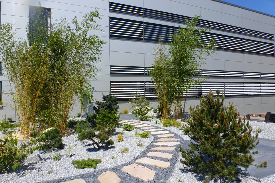 Ideen und Inspiration zur Dachbegrünung mit Bambus und Steingarten auf Firmendach bei Nürnberg