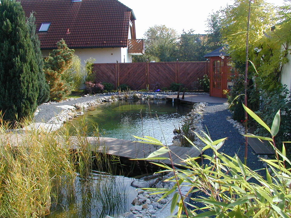 Schwimmteich in Heilsbronn mit Holzdeck (Teichbrücke), umlaufendem Weg und Pflanzen
