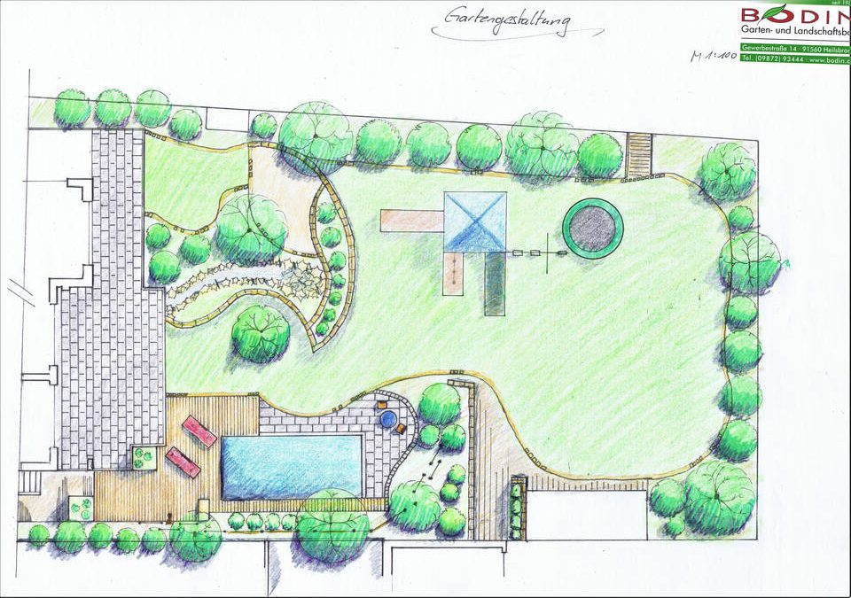 Planskizze für einen Pool in Hanglage sowie eine Gartengestaltung mit Lamellenüberdachung und Terrasse.