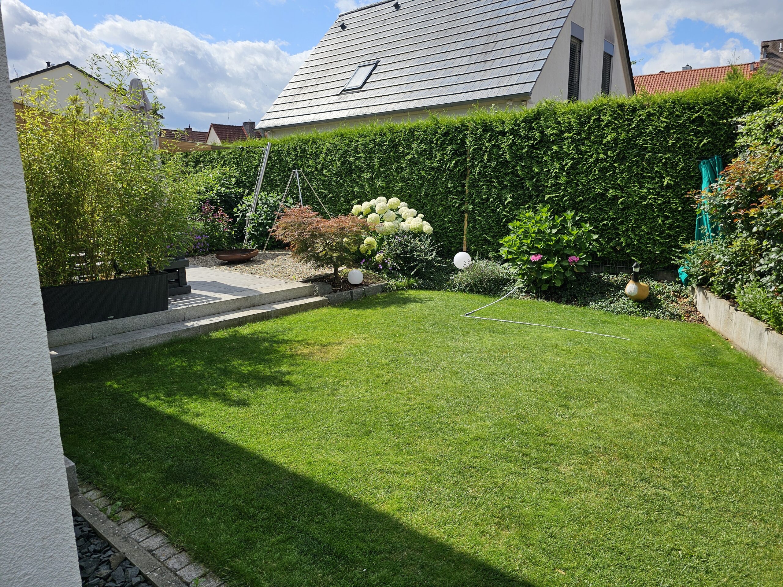 Rasen neben der Terrasse in Nürnberg (Vorher-Bild).